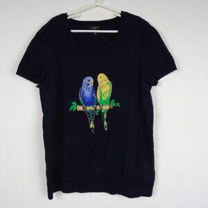 Talbots Parakeets Sweater Top Women's Petite Size SP Blue Cotton Short Sleeve